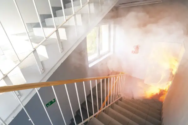 Rauch und Flammen im Treppenhaus eines Mehrfamilienhauses. Ein Feuerlöscher hängt an der Wand. Beachten Sie die Brandschutzvorschriften im Treppenhaus.