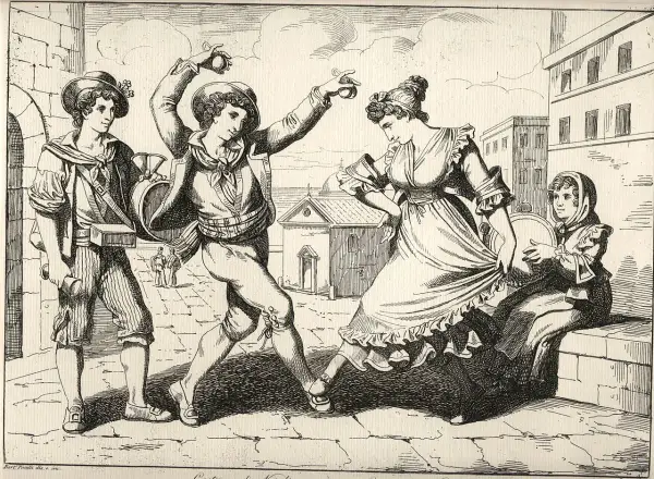 Giovani napoletani danzano con castagnette e tamburello, un'immagine che evoca i detti napoletani e la vivacità della cultura locale.