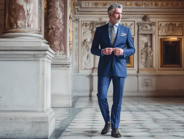 Elegante Abschlussfeier Kleidung für Eltern: Ein stilvoller Mann im blauen Nadelstreifenanzug, bereit für den besonderen Anlass.