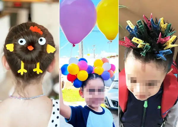 Peinados divertidos niños: un pollito en el pelo, una corona de globos y pinzas de colores. ¡Creatividad al máximo!