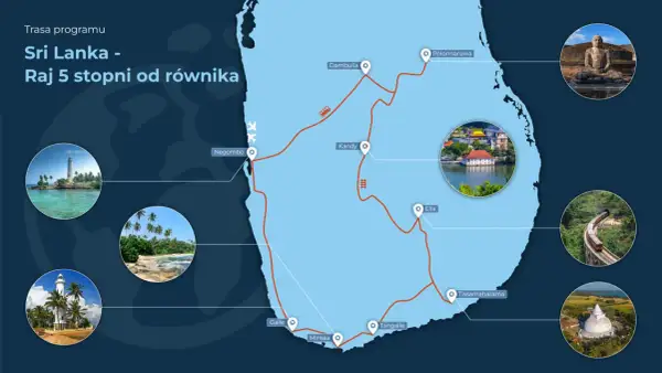 Mapa z trasą podróży po Sri Lance: Negombo, Dambulla, Polonnaruwa, Kandy, Ella, Tissamaharama, Tangalle, Mirissa, Galle. Raj 5 stopni od równika.