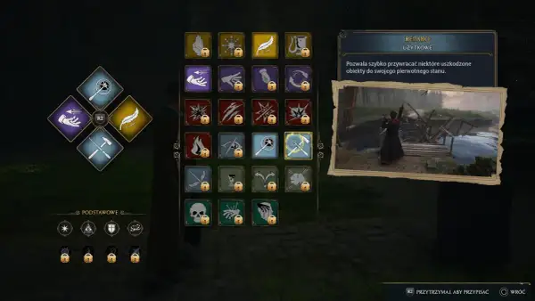 Menu zaklęć w Hogwarts Legacy. Ikony symbolizują różne czary, w tym "Reparo Użytkowe" do naprawy przedmiotów.