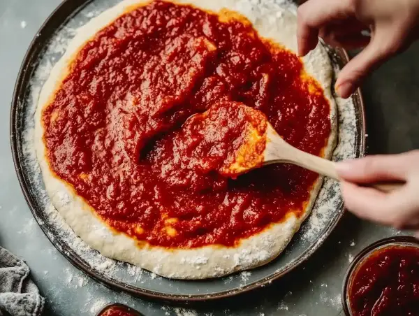 Händer sprider hemlagad egen pizzasås på en pizzabotten.