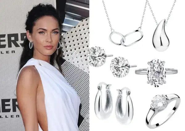 Megan Fox w białej sukni obok kolekcji biżuterii: naszyjniki, kolczyki i pierścionki. Wybór: srebro czy złoto?