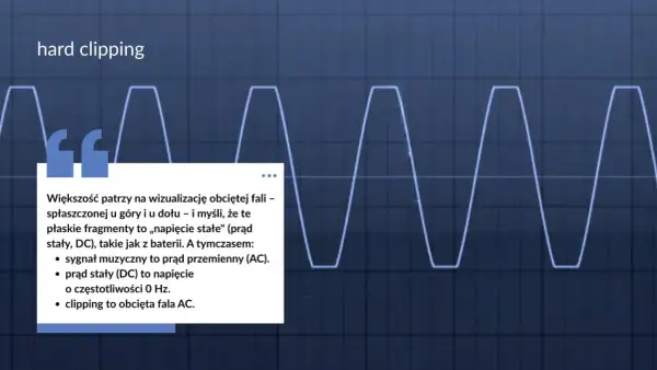 Wykres pokazuje obcięcie fali, gdzie płaskie fragmenty symbolizują prąd stały (DC) o częstotliwości 0 Hz, a nie napięcie stałe.