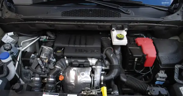 Silnik 1.6 HDI w Berlingo. Widoczny blok silnika, turbosprężarka, przewody i akumulator.
