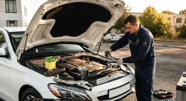 Mecánico realiza mantenimiento a de Mercedes, con capó abierto y caja de filtros a la vista.