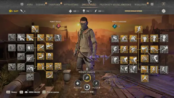 Gracz przegląda drzewko umiejętności w grze Dying Light 2. Widoczne są punkty walki i parkouru, a także dostępne ulepszenia.