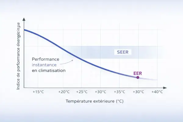 Courbe de performance d'une cop pompe à chaleur. L'indice d'efficacité énergétique (EER) diminue avec la température extérieure. Le SEER représente une moyenne.