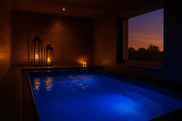 Relájate en este circuito spa en Valencia, con piscina azul, velas encendidas y una vista al atardecer.