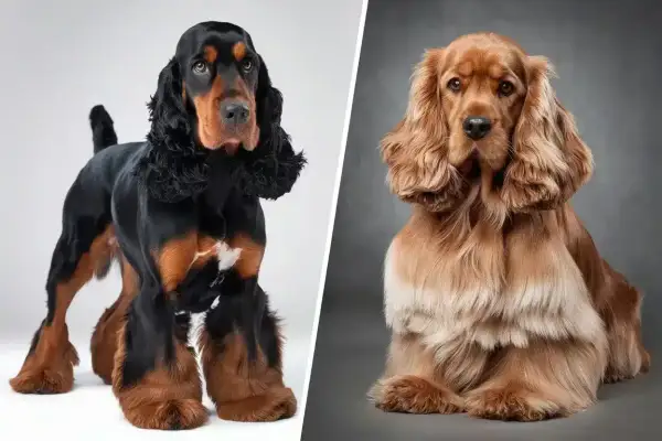 Deux cocker spaniel, l'un noir et feu, l'autre fauve, posent fièrement.