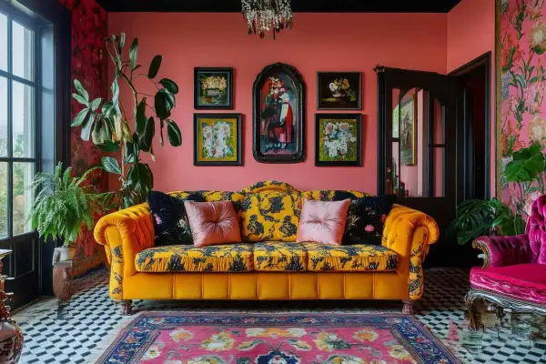 A vibrant living room showcasing maximalist art, with a yellow patterned sofa, pink pillows, and a bold floral rug.