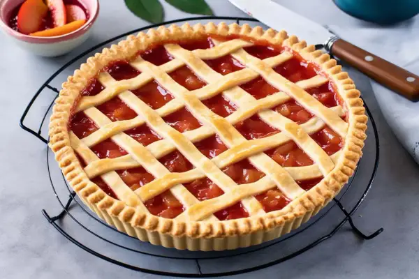 Torta con ripieno di frutta e griglia di pasta frolla classica, pronta per essere gustata.