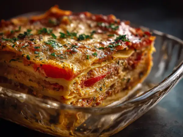 En saftig bit nyttig lasagne med lager av pasta, köttfärs och tomatsås, toppad med smält ost och persilja.