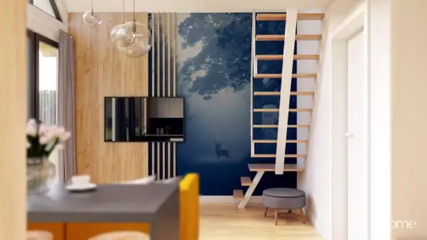 Nastrojowa tapeta z motywem leśnym i jeleniami tworzy magiczną atmosferę. Drewniane elementy i nowoczesne schody dopełniają aranżację.