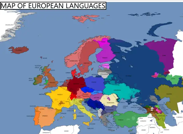 Mapa Europy z zaznaczonymi regionami, gdzie dominują różne języki europejskie, od islandzkiego po rosyjski.