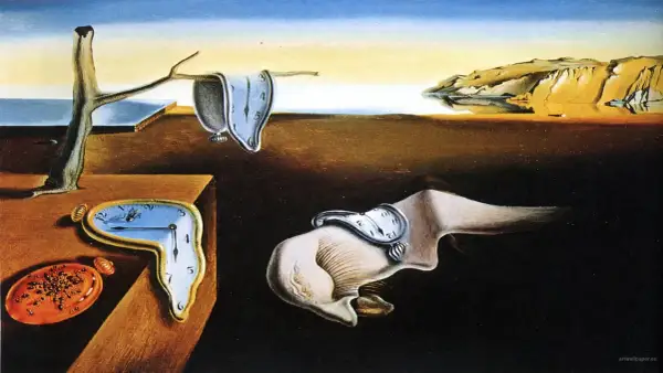 Płynące zegary na pustynnym krajobrazie, symbolizujące ulotność czasu. To kwintesencja surrealizmu co to.