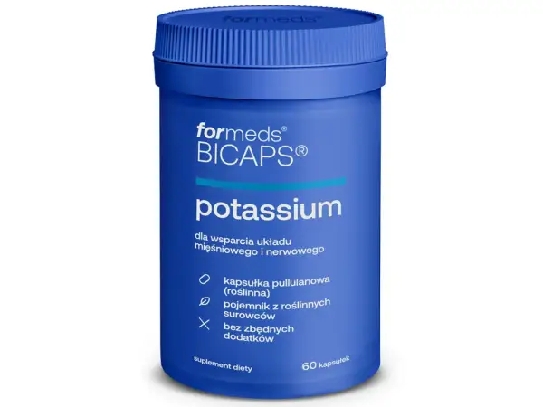 Niebieski suplement diety Formeds BICAPS Potassium. Potas na co pomaga? Wspiera układ mięśniowy i nerwowy. 60 kapsułek.