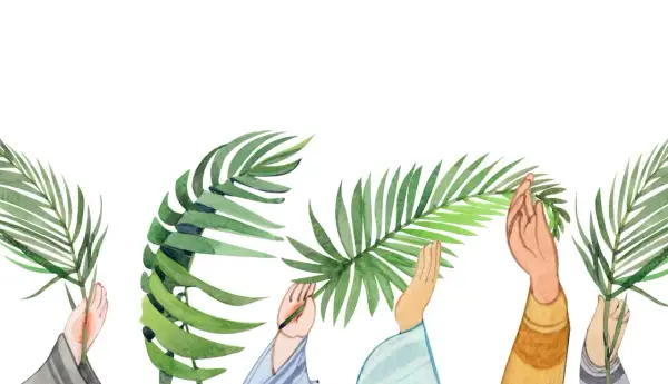 Hände halten Palmwedel hoch, wie es am Palmsonntag passiert.
