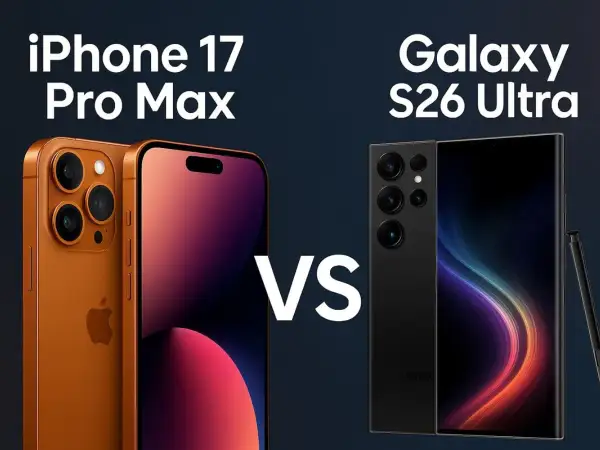 Pomarańczowy iPhone 17 Pro Max i czarny Samsung Galaxy S26 Ultra na tle.
