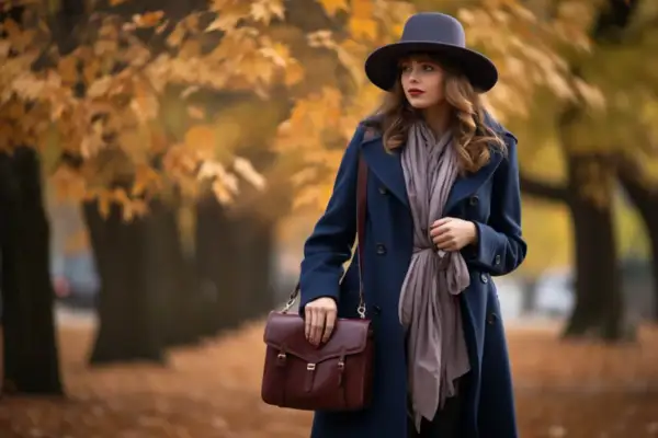 Elegancka kobieta w granatowym płaszczu, kapeluszu i szalu, z bordową torebką, na tle jesiennego parku. Granatowy płaszcz stylizacje na jesień.
