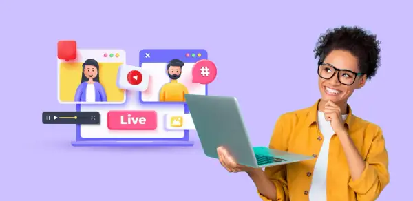 Frau mit Laptop denkt über ihren Fernkurs Buchhaltung nach. Online-Lernen mit Live-Videos und Chat-Funktion.
