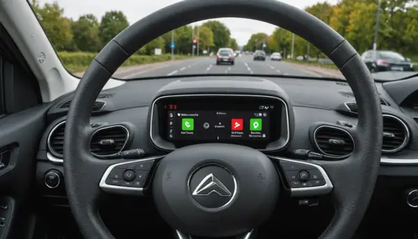 Tableau de bord d'une Citroën C3, affichant le menu du système multimédia. Une option pour réinitialiser la direction assistée électrique est visible.