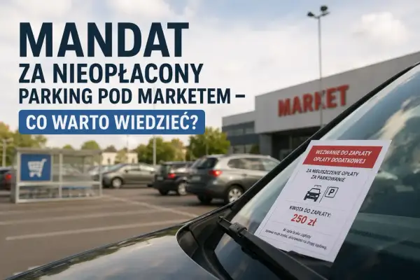 Mandat za nieopłacony parking pod marketem. Na szybie samochodu wezwanie do zapłaty 250 zł za parkowanie.