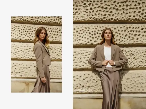 Elegancka beżowa marynarka męska w stylizacjach z jedwabną spódnicą. Klasyka i nowoczesność w jednym.