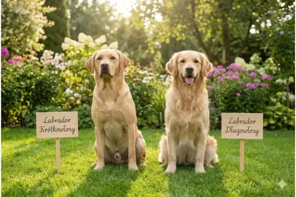 Dwa psy, labrador i golden retriever, siedzą na trawie w ogrodzie. Jeden to labrador krótkowłosy, drugi to labrador długowłosy.