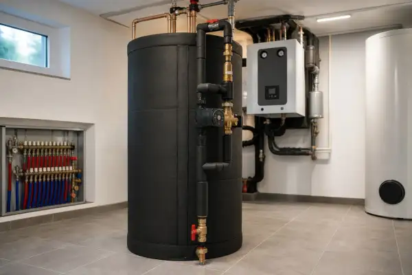 Nowoczesny bufor do pieca gazowego, część instalacji grzewczej z pompą i zaworami, obok kotła i zasobnika.