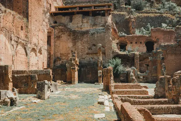 Rovine antiche nel foro romano palatino, con mattoni rossi e vegetazione che cresce tra le pietre.