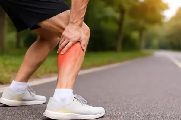 Löpare stannar upp på en väg med en hand på vaden som lyser rött, vilket indikerar en nerv i benet som gör ont.
