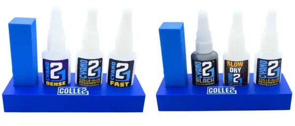 Deux présentoirs bleus avec des bouteilles de super glu CYANO 2 : DENSE, FAST, BLACK, SLOW DRY. Idéal pour les collages professionnels.