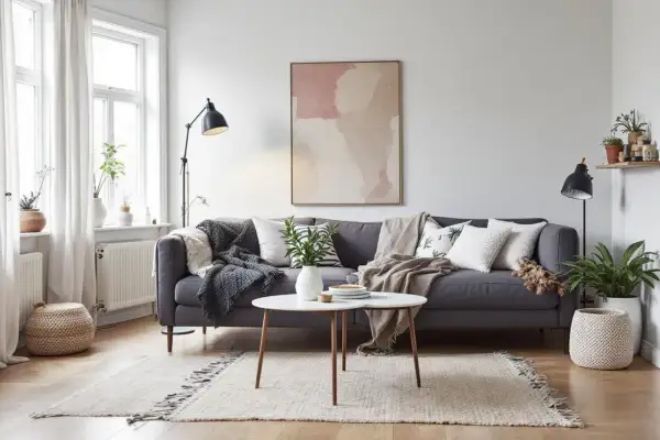 En grå soffa med kuddar och plädar, ett runt soffbord och en matta. En tavla med abstrakt mönster ger en känsla av exotisk inredning.