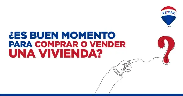¿Es buen momento para comprar vivienda? Un dedo señala un gran signo de interrogación rojo. Logo de RE/MAX.
