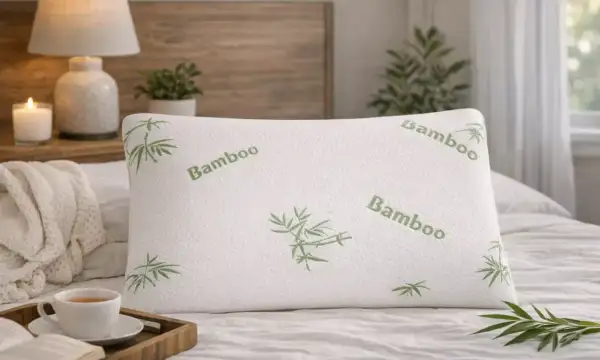 A white pillow with "Bamboo" embroidered in green, featuring a subtle bamboo leaf design. Imagine the fresh, clean bamboo pillows smell as you rest.