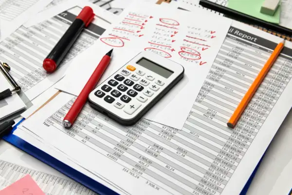 Calculatrice, stylos et feuilles de calcul. Préparation des comptes pour la taxe sur les salaires 2024.