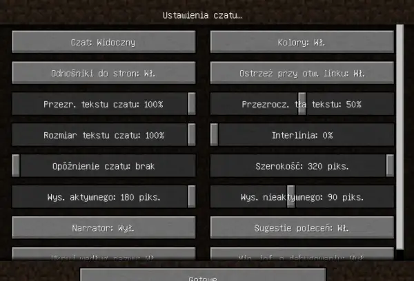 Ustawienia czatu w Minecraft. Aby wyłączyć narratora, znajdź opcję "Narrator: Wył." i kliknij ją.