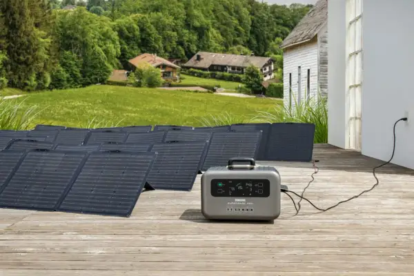 Instalación de baterías solares en un porche de madera, con paneles solares desplegados y una unidad de energía portátil conectada a una casa.