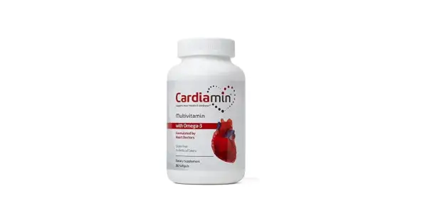 Biała butelka suplementu diety Cardiomin z multivitaminami i omega-3, wspierająca zdrowie serca.