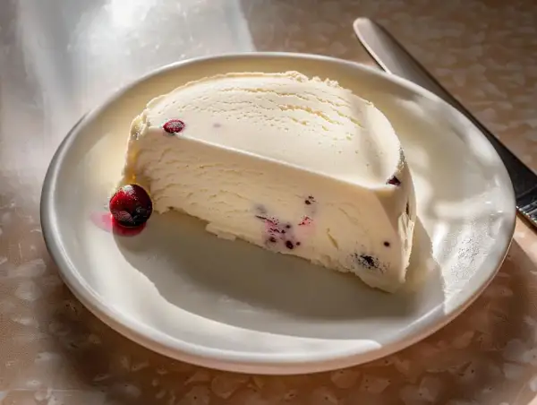 En bit krämig semifreddo med bär på en vit tallrik, redo att avnjutas. Ett perfekt semifreddo recept.