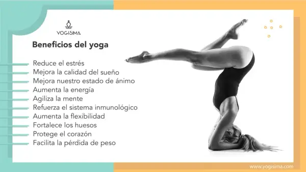 Yoga: reduce estrés, mejora sueño, refuerza el sistema inmune y más. Mujer en postura de yoga invertida.