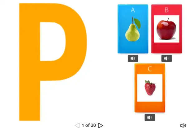 Letra P gigante junto a tarjetas con una pera (A), manzana (B) y fresa (C). Un juego para aprender con p.
