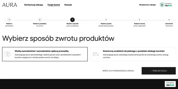 Wybieram sposób zwrotu produktów, ad vocem x. Mogę wysłać paczkę samodzielnie lub dostarczyć ją osobiście do punktu obsługi zwrotów.