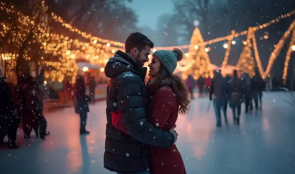 Para zakochanych na lodowisku, otoczona świątecznymi światłami. Idealny moment, by powiedzieć kocham cię.