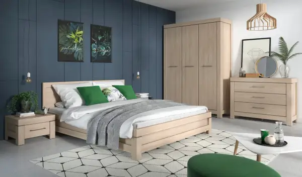 Sypialnia w stylu co to feng shui: łóżko, szafa, komoda, stolik nocny, dywan i dekoracje.