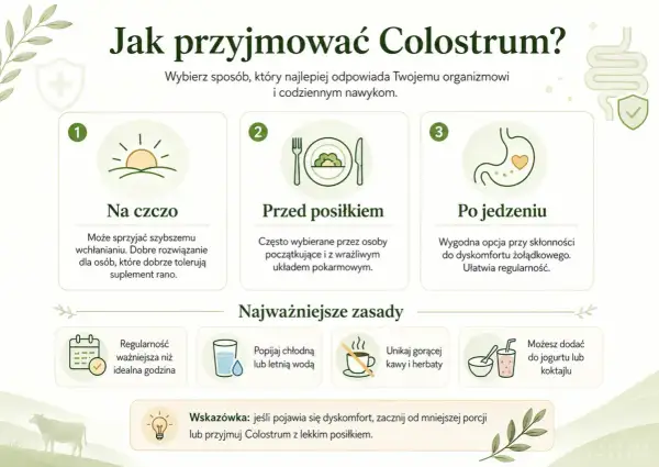 Jak przyjmować colostrum? Na czczo, przed lub po posiłku. Ważna jest regularność, popijaj chłodną wodą, unikaj gorących napojów. Colostrum co to? To siara.