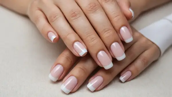 Mains soyeuses aux ongles mat, manucure française classique et impeccable.
