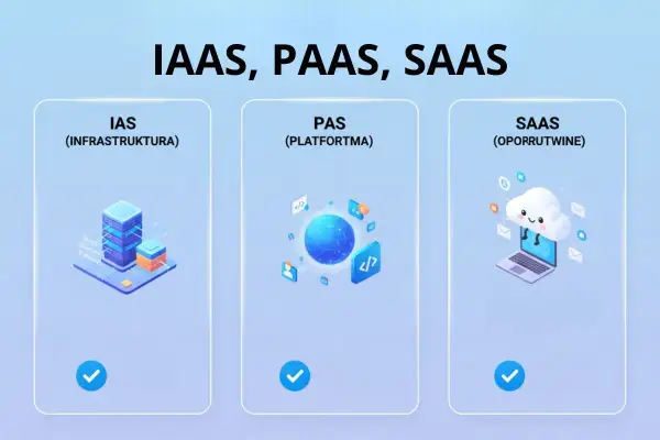 Trzy modele chmury: IAAS (infrastruktura), PAAS (platforma) i SAAS (oprogramowanie jako usługa).